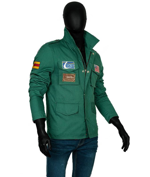 a mannequin wearing a green jacket with patches on it's chest and sleeves