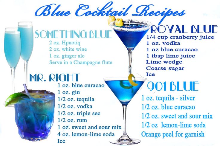 the blue cocktail recipe is shown in three different glasses