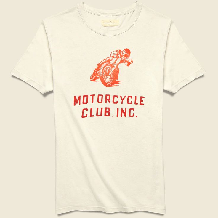 Motorcycle Club Tee - White Biker T Shirt Design, Vintage Hand-printed Relaxed Fit Top, Vintage Hand Printed Crew Neck Tops, White Hand Printed Crew Neck T-shirt, Vintage Hand Printed Cotton Top, Hand Printed Graphic Tee With Short Sleeves, Vintage Hand Printed Short Sleeve T-shirt, Hand Printed Short Sleeve Graphic Tee, Vintage Hand-printed Short Sleeve T-shirt