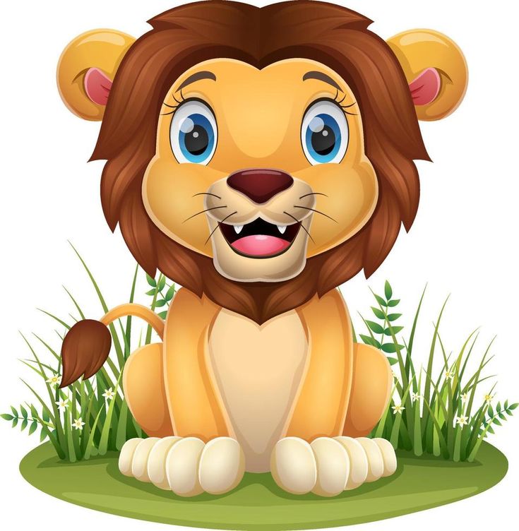 a lion sitting in the grass with his eyes wide open and tongue hanging out to its side