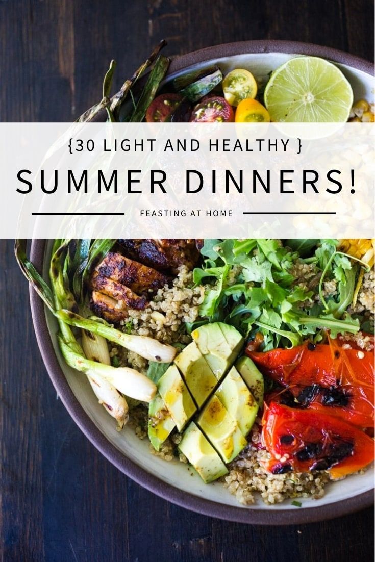 a white bowl filled with food and the words light and refreshing summer dinners on it