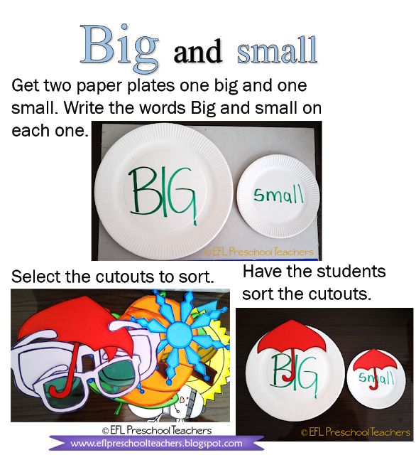 two paper plates with the words big and small written on them, one has an elf's hat