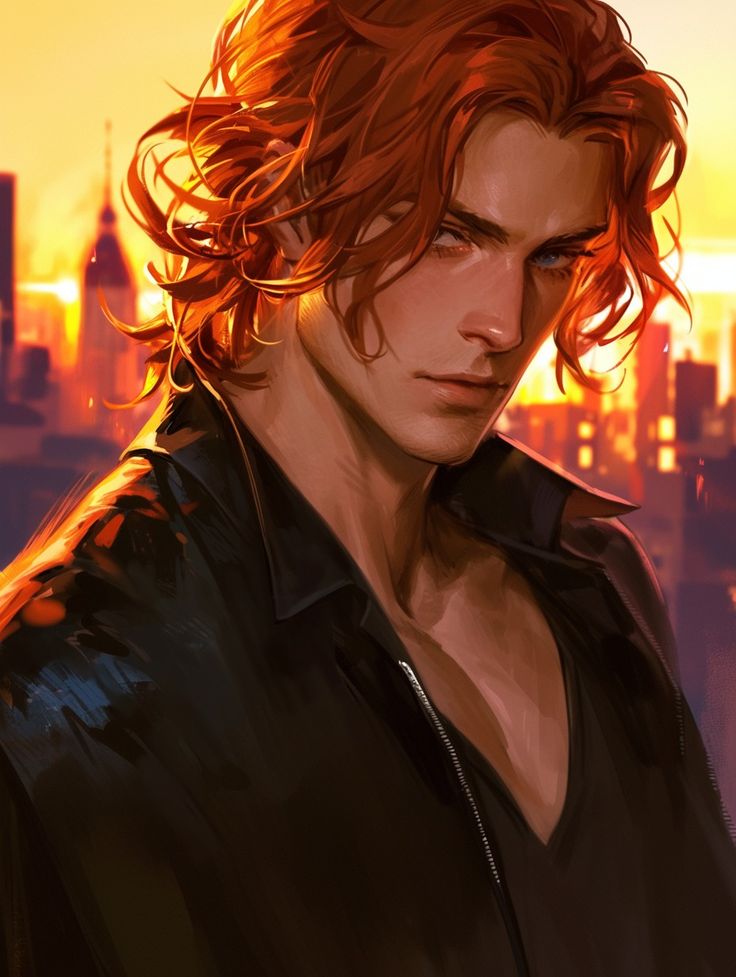 a man with red hair standing in front of a cityscape