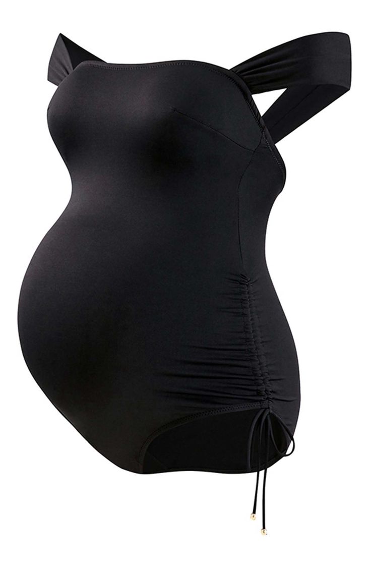 Wide straps cross at the back and can be worn on or off the shoulder on this sleek one-piece swimsuit with bump-flattering ruching at the sides. A sewn-in bra provides extra support throughout each trimester and beyond. Full back coverage UPF 50+ sun protection Partially lined 80% nylon, 20% spandex Hand wash, line dry Imported OEKO-TEX®–certified materials free of harmful substances Black Cross Back Bodysuit With Built-in Bra, Black Cross Back Swimwear With Adjustable Straps, Sleeveless Crisscross Strap Bodysuit For Swimming, Black Adjustable Straps Backless Bodysuit, Black Sleeveless Bodysuit With Crisscross Straps, Black Backless Bodysuit With Adjustable Straps, Black Swimwear With Built-in Bra And Cross Back, Black Cross Back Swimwear With Built-in Bra, Black Spaghetti Strap Swimwear With Tie Back