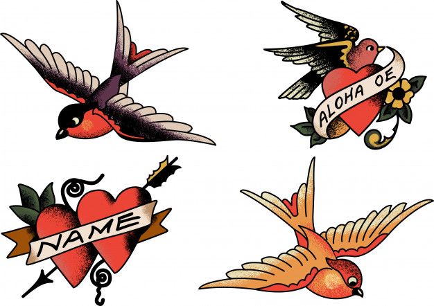 four different tattoos with birds and hearts on them