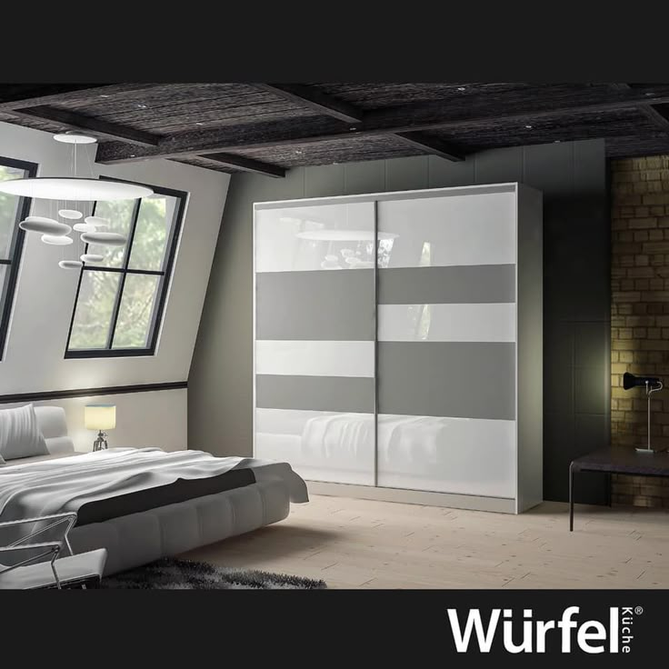 a bedroom with white and grey furniture in it