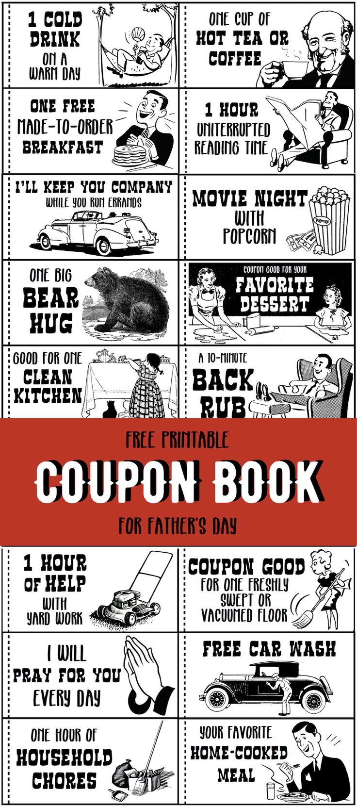 the coupon book for father's day is shown in black and white with red lettering