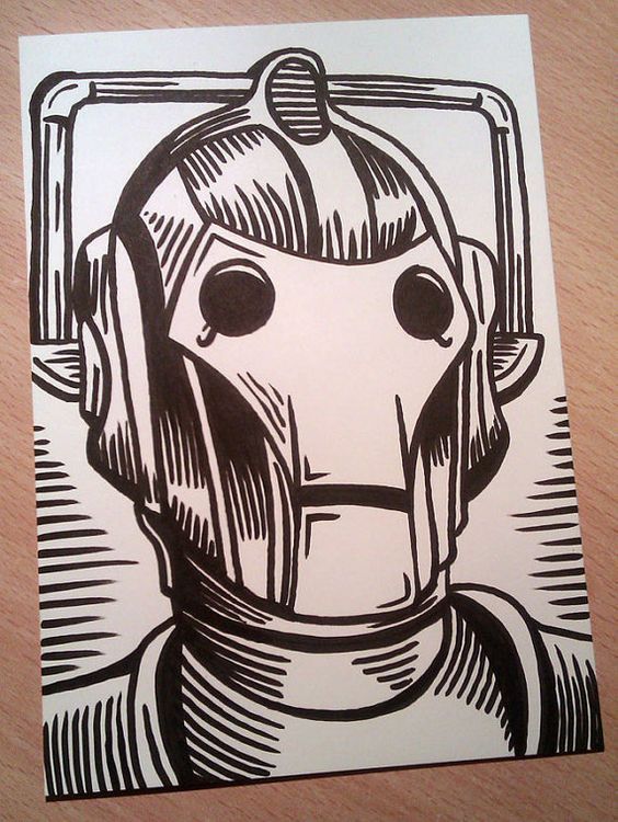 a black and white drawing of a robot with a helmet on it's head