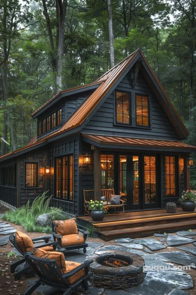 a small cabin in the woods with chairs and fire pit