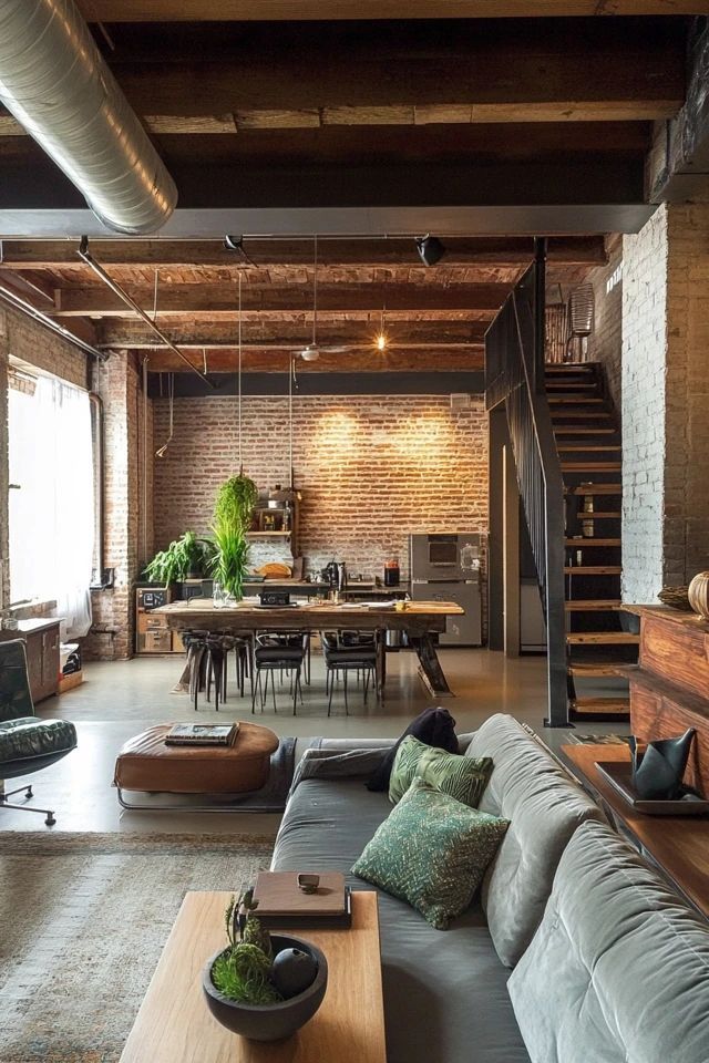 a living room filled with furniture next to a wooden table and stair case in front of a brick wall