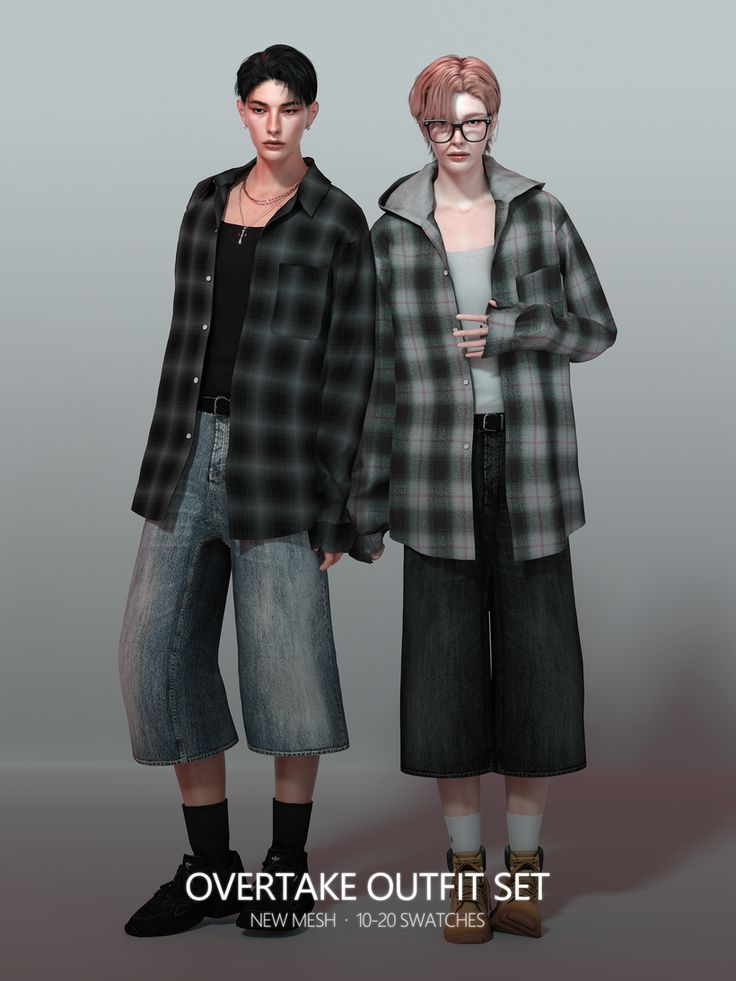 two people standing next to each other in front of a gray background with the caption overtake outfit set