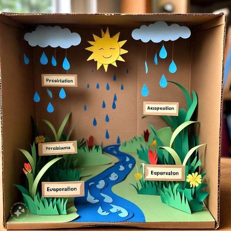 an open cardboard box with water, rain and plants on the inside that says creation