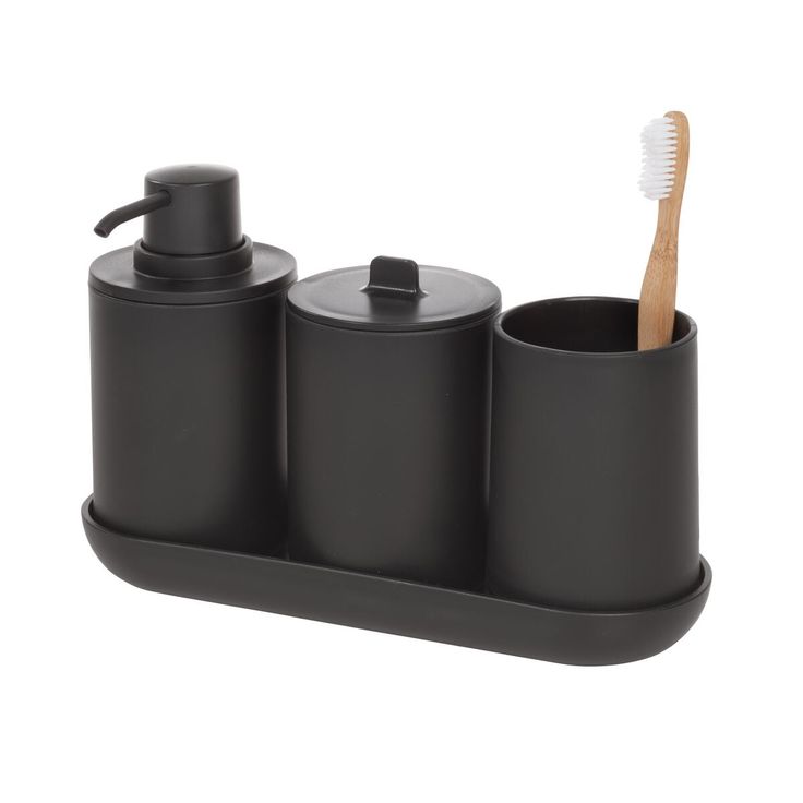 black bathroom accessories set with toothbrush holder and soap dispenser