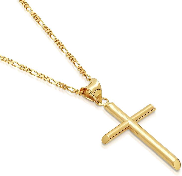 Gold Cross Curb Chain Everyday Necklace 24k Cross Catholic Crucifix Gift  MODERN CLASSIC - Add style to a basic look with this solid 24K Gold or 14k White Gold Chain Necklaces. Our diamond-cut beveled links are much more reflective than the standard curb chain for a rich, perfect shine. It is strong and durable for daily wear yet not too thick for a comfortable fit. Wear alone with casual or formal attire for everyday modern elegance, with a favorite pendant for a personal statement or as a grea Gold Cross Necklace Men, Urban Accessories, Gold Figaro Chain, Gold Cross Necklace, White Gold Chains, Figaro Chain, Everyday Necklace, Perfect Gift For Him, Coin Jewelry