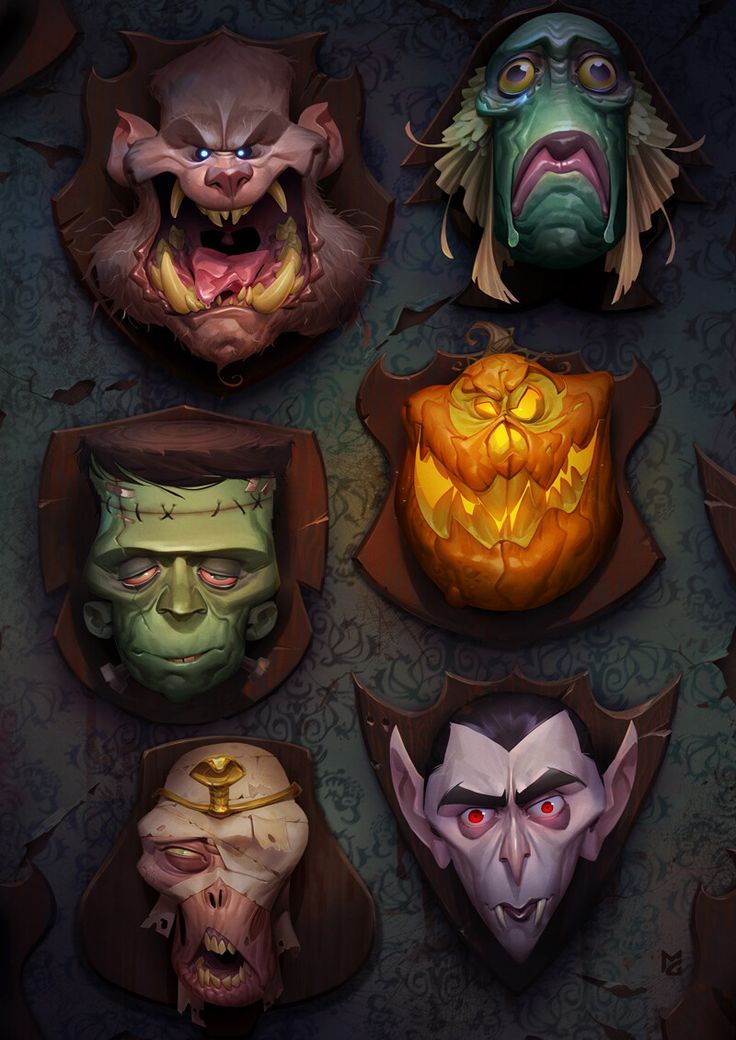 six masks with different faces on them, all in different colors and shapes to look like monsters