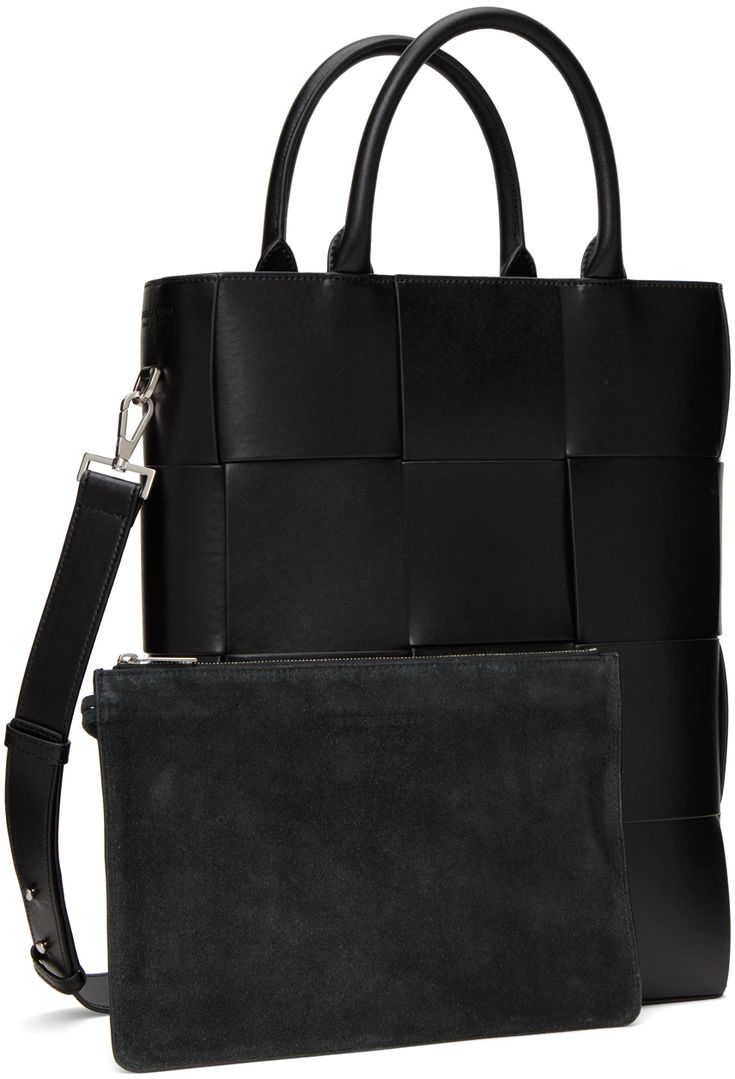 Intreccio-woven buffed calfskin tote in black. · Twin rolled carry handles · Detachable and adjustable post-stud shoulder strap · Logo embossed at side · Open throat · Detachable zip pouch at interior · Suede lining · H14.5 x W11 x D3.5 in Supplier color: Black/Silver Black Calf Leather Shoulder Bag With Handles, Designer Business Shoulder Bag With Braided Handles, Designer Shoulder Bag With Braided Handles For Business, Leather Bag With Intrecciato Weave And Top Handle, Luxury Woven Leather Bag For Work, Modern Woven Leather Shoulder Bag For Work, Designer Woven Calf Leather Bags, Business Tote Shoulder Bag With Intrecciato Weave, Rectangular Woven Leather Shoulder Bag For Work