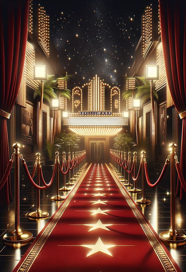 a red carpeted entrance way to a movie theater at night with stars and lights