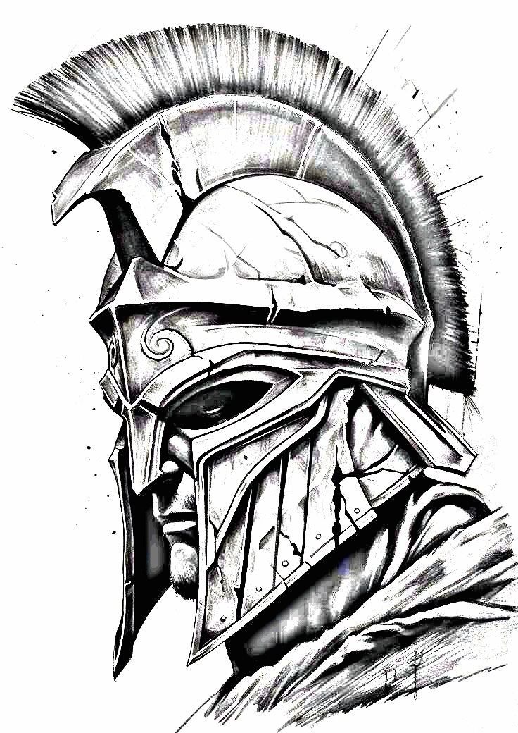 a black and white drawing of a man wearing a helmet with an elaborate design on it