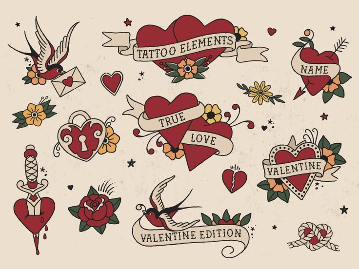 an assortment of heart tattoos on a white board hanging on a wall in a room