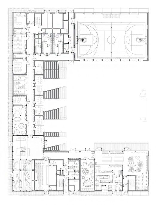 the floor plan for an indoor basketball court, with several different areas to sit and play