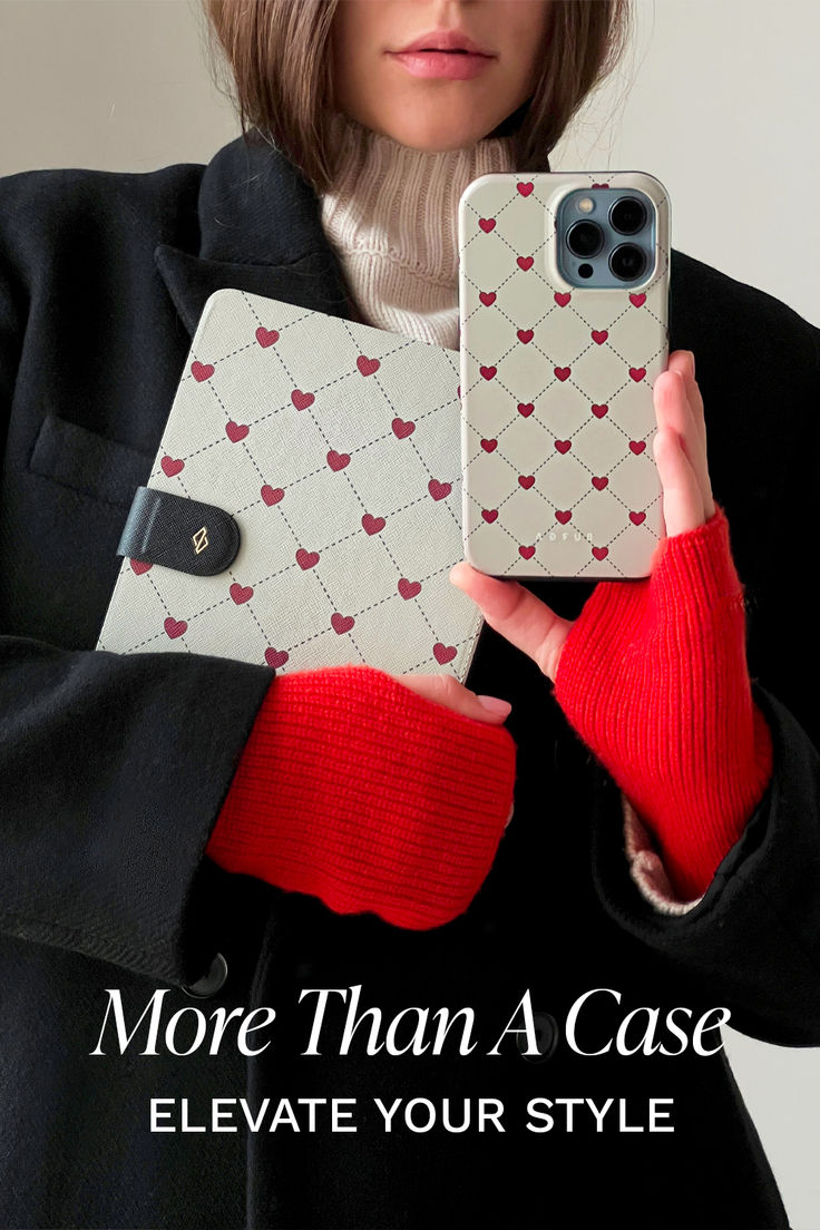 a woman holding an iphone case with hearts on it and the text more than a case elevate your style