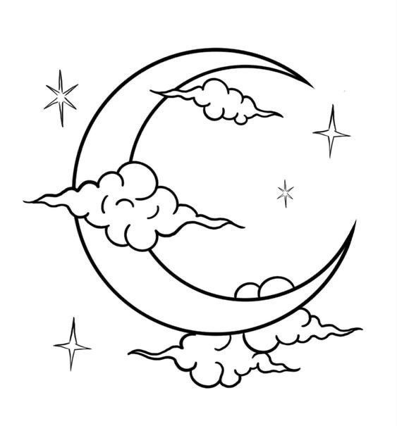 the moon with clouds and stars in the sky coloring pages for kids, printable