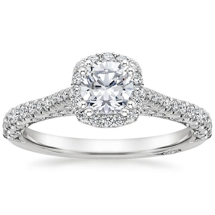 Lab Grown Tacori Petite Crescent Bloom Diamond Engagement Ring - Platinum. A halo of diamonds surrounds a glistening center stone encased by double bead prongs in this eye-catching ring. Diamond-accented cathedral shoulders and petite crescents along the side of the band add a glamorous, unique flai. The style of this piece allows wedding rings to sit perfectly flush against the band (2/5 total carat weight). 
 
 Each Tacori ring is handcrafted by master artisans in California using responsibly Diamond Halo Ring With Cushion Cut And Diamond Accents, Silver Diamond Halo Ring With Pave Setting, Dazzling White Halo Ring With Prong Setting, Dazzling Diamond Halo Ring With Accents, Dazzling White Gold Halo Ring With Pave Setting, Dazzling White Cluster Ring With Halo Design, White Diamond Cluster Ring With Halo Design, Dazzling White Gold Halo Ring With Diamond Accents, Elegant Platinum Halo Ring With Pave Setting