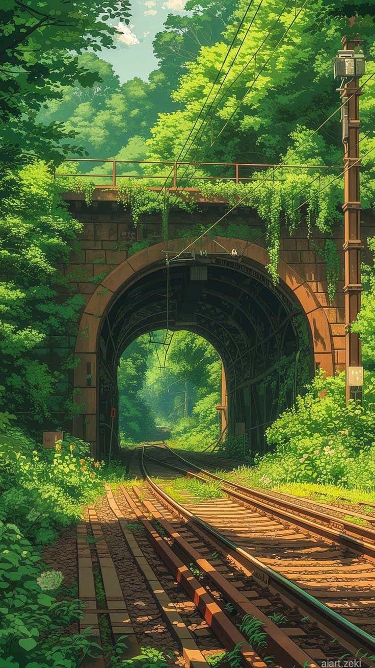 an image of a train track going through a tunnel in the woods with trees on either side