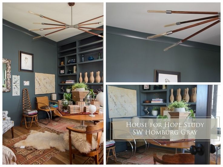 the inside of a house with blue walls and furniture