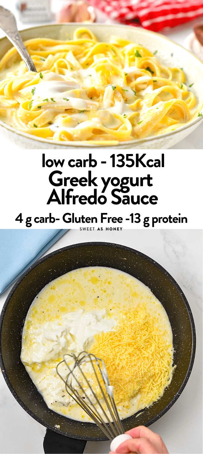 the ingredients for low carb greek yogurt alfredo sauce in a skillet