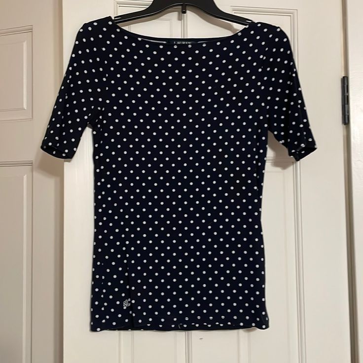 Never Worn, Polka Dot Ralph Lauren T-Shirt. Comfortable Soft Material. Not See Through And Is Modest Polka Dot Cotton T-shirt With Short Sleeves, Cotton T-shirt With Polka Dot Pattern And Short Sleeves, Ralph Lauren Summer T-shirt With Short Sleeves, Navy Ralph Lauren Cotton Tops, Summer Polka Dot Crew Neck Top, Casual Ralph Lauren T-shirt For Spring, Ralph Lauren Casual Short Sleeve Tops, Ralph Lauren Casual Spring T-shirt, Polka Dot Short Sleeve T-shirt For Spring