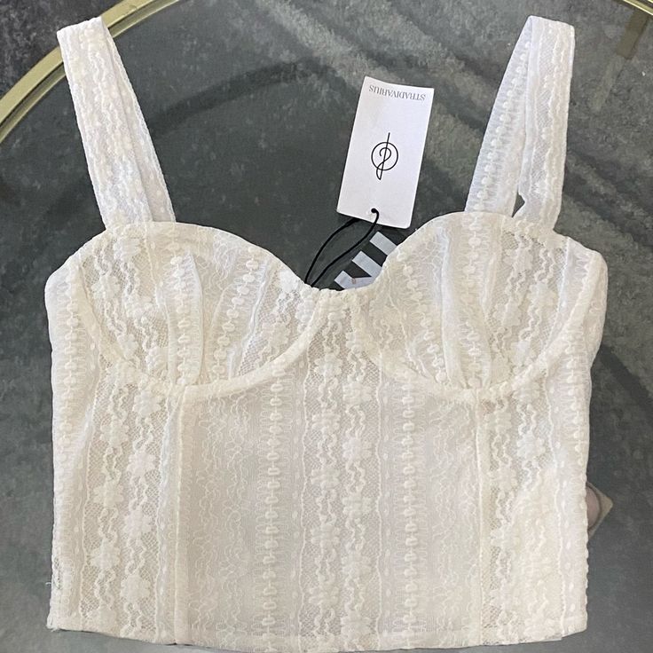 Women's Crop Top New Never Used, In Ivory Color. This Crop Has Lace Details And Soft And Light Material When Wearing. An Ideal Piece For Summer. White Feminine Crop Top For Night Out, White Lace Crop Top For Night Out, Trendy White Lace Crop Top, Cream Crop Top, Polka Dot Crop Top, Twist Front Crop Top, Strapless Crop Top, Tie Crop Top, Pink Crop Top