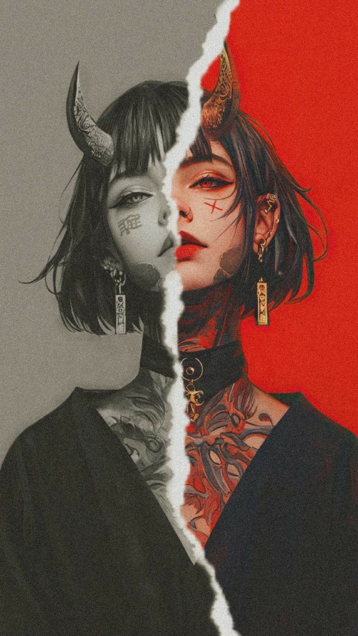 two different pictures with one woman's face and the other has horns on her head