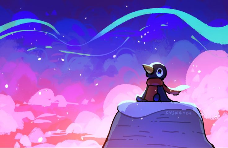 an animal sitting on top of a rock in the middle of a purple and blue sky