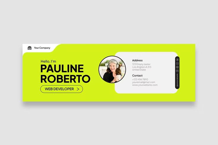 a yellow and white business card with a photo on it, in the center is an image of a woman's face