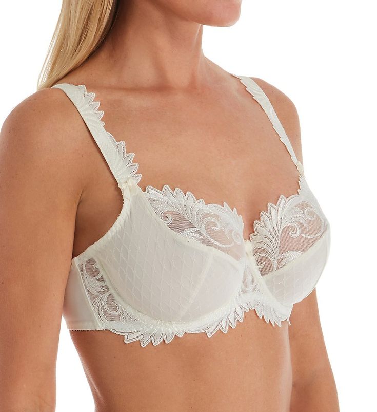 Plunge balcony bra features supportive sides and elegant details on cups and straps. Multi-part underwire cup has angled and vertical seams, with partial fine mesh lining for added support and comfort. Sheer mesh upper cup has an ornate, sewn-on lace applique and elastic to maintain fit. Opaque microfiber overlay on bottom cup has a textured jacquard-knit pattern. Center - tall, narrow arched panel has a small satin bow at top. Front underside has embroidered lace, with a sewn-on inner elastic u Balcony Bra, Jacquard Knit, Satin Bow, Bra Cups, Lace Applique, Embroidered Lace, Bra Lingerie, Knit Patterns, Leotards