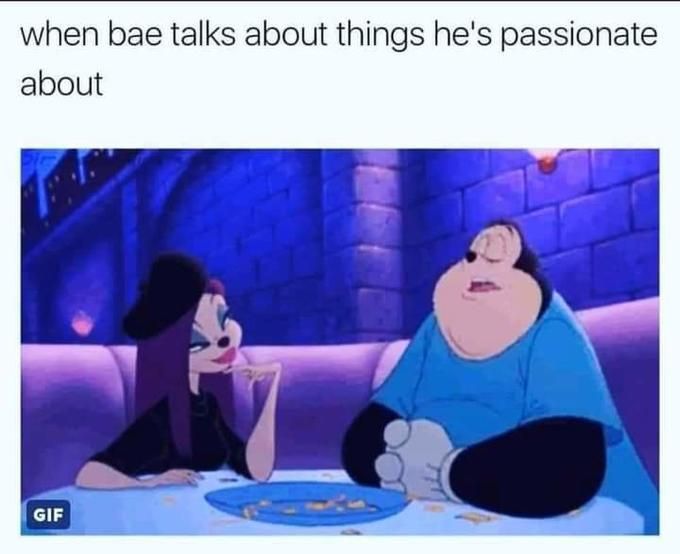 a cartoon character sitting at a table with another person talking to each other and the caption reads, when he talks about things he's passionateate about