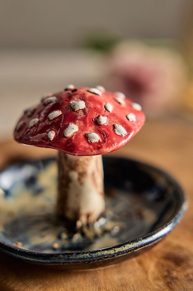 a small red mushroom sitting on top of a black plate