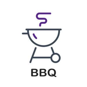 the bbq logo is shown on a white background with purple letters and an image of a