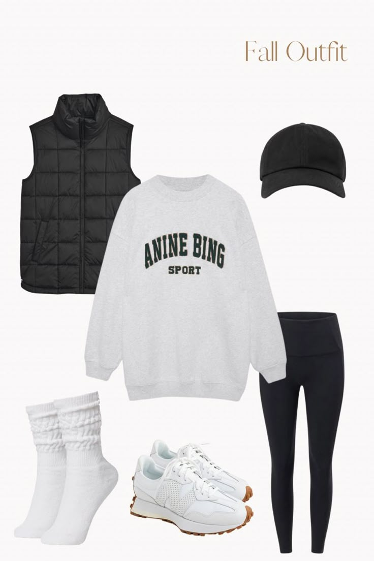 Oversize grey sweatshirt, black puffer vest, black baseball cap, black leggings, white oversized socks, white sneakers Chunky Sweatshirt Outfit, Sweatshirt And Sneakers Outfit, White Crew Socks And Sneakers Outfit, Oversized Gray Sweatshirt Outfit, Slouchy Socks With Sneakers, Leggings Crew Socks Outfit, Legging Sweatshirt Outfit, White Socks And Sneakers With Leggings, Sweatshirt And Leggings Outfit Fall