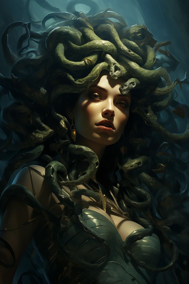 a painting of a woman with snakes on her head and hair in the shape of an octopus