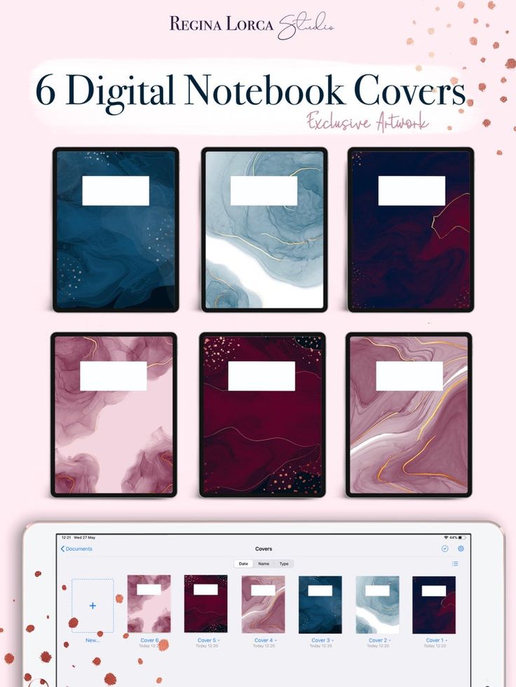 the 6 digital notebook covers are shown on top of each other, with different colors and shapes