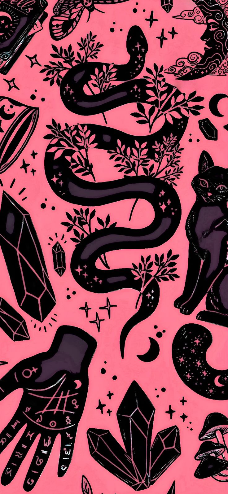 an image of a pink background with black and white designs on it, including cats