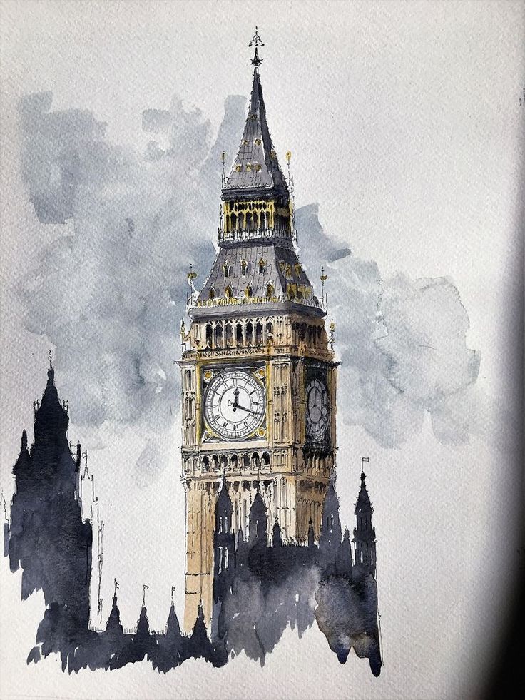 the big ben clock tower towering over the city of london in england, painted with watercolors