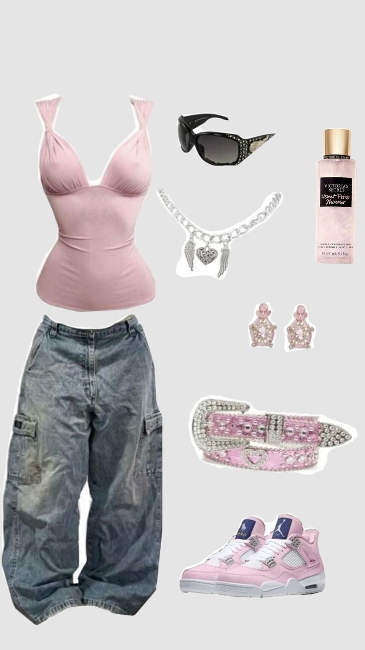 pink #outfit #pink #cute #baggy Baddie Outfits Baggy, Pink Grunge Outfit, 10th Grade Outfits, Y2k Pink Outfit, Rockstar Aesthetic Outfits, Pink Outfits Aesthetic, Y2k Outfits Pink, Baggy Outfit Ideas, Pink Street