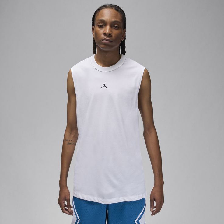 Designed to help you perform to your full extent on the court, this sleeveless top uses our sweat-wicking technology to help you stay fresh and focused through even the most grueling of games. Its classic fit gives you just the right amount of room while hem vents help you make big moves with ease. White Crew Neck Tank Top Athleisure, White Crew Neck Tank Top For Athleisure, Sporty Sleeveless Tops For Sports Events, White Moisture-wicking Basketball Top, Sleeveless Sportswear Tops For Sports Events, White Athletic Fit Moisture-wicking Tank Top, White Athletic Fit Tank Top For Sports, White Crew Neck Muscle Tee For Sports, White Moisture-wicking Tank Top