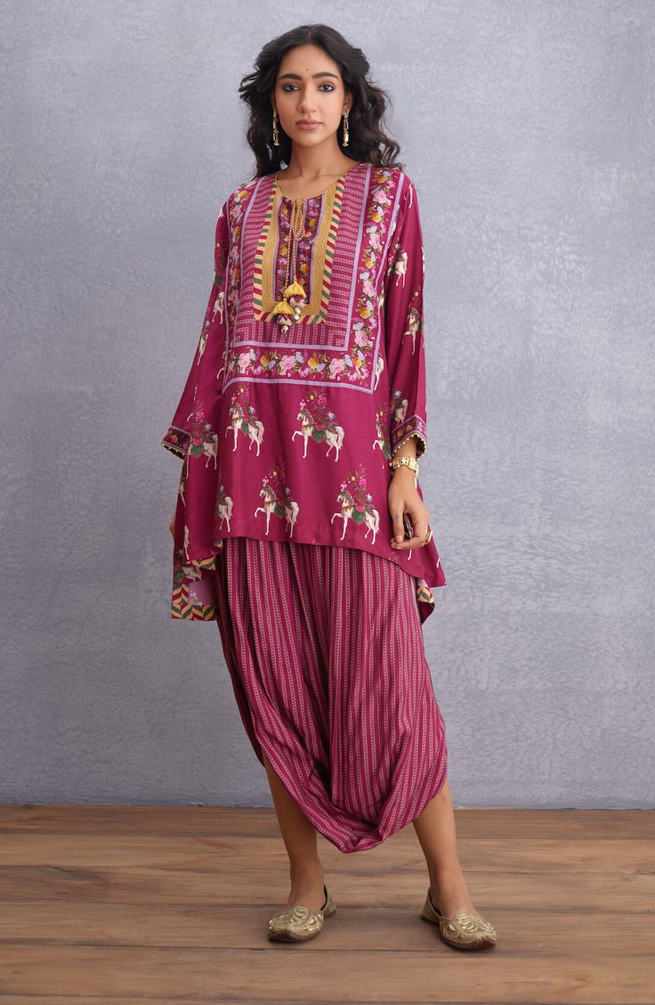 Torani-Ruby Manika Iyana Kurta With Dhoti-INDIASPOPUP.COM Dhoti Kurta Women, Torani Designer, Dhoti Salwar Suits, Kurta With Dhoti, Indian Mythology, Blouse Yoke, Red Kurta, Homemade Clay, Indian Prints