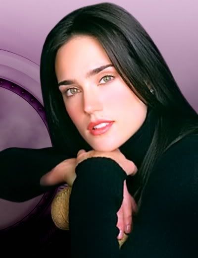 a woman with long black hair is posing for a photo in front of a purple background