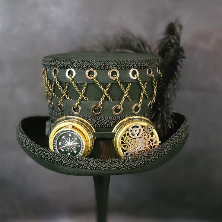 Steampunk High Crown Hat For Themed Events, Steampunk High Crown Mini Hat For Themed Events, Steampunk Top Hat With High Crown For Themed Events, Steampunk Mini Hat With High Crown, Vintage Top Hat With Short Brim For Themed Events, Steampunk Top Hat With Curved Brim For Costume, Vintage High Crown Top Hat For Costume Party, Vintage Top Hat For Costume Party, Adjustable High Crown Top Hat For Themed Events