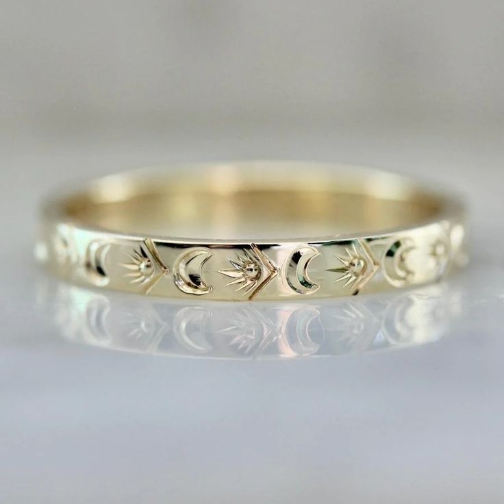 Eclipse Moon & Star Engraved Gold Band - Gem Breakfast Gem Breakfast, Hand Movements, Extraordinary Design, Alternative Wedding Rings, Trophy Hunting, Celestial Ring, Stacked Wedding Rings, Art Deco Wedding Band, Solid Gold Band